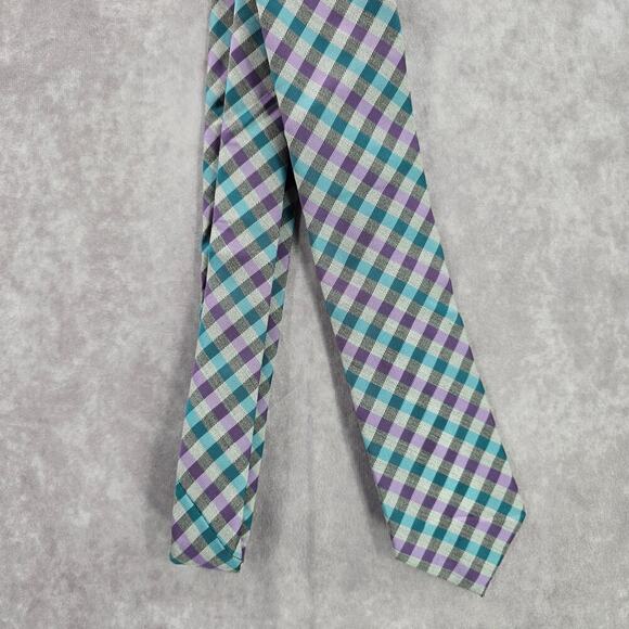 JF J. Ferrar Gray Purple Blue Plaid Tartan Checker Men's Neck Tie NWOT - Picture 2 of 7